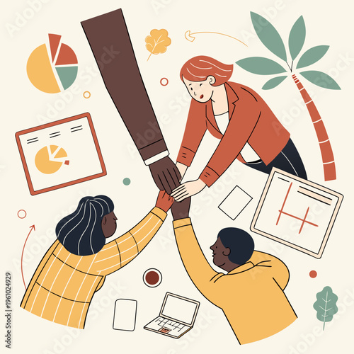 A group of people stacking their hands