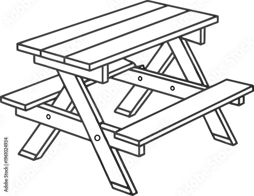 Simple line drawing of a wooden picnic table with attached benches, outdoor furniture concept