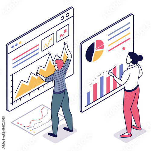 Two people analyzing data on large computer screens