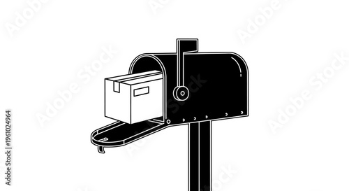 A black and white line art illustration of an open mailbox containing a small delivery package Vector, illustration