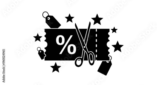 A black and white graphic illustration featuring a discount coupon with scissors and price tags Vector, illustration