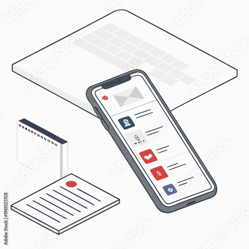 A smartphone next to a calendar and laptop
