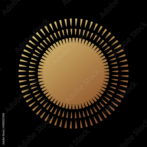 Golden badge as sun rays on dark background. Circular radial design suitable for luxury branding, certificates, awards, packaging, labels and premium beauty or jewelry elements and logo. Elegant decor