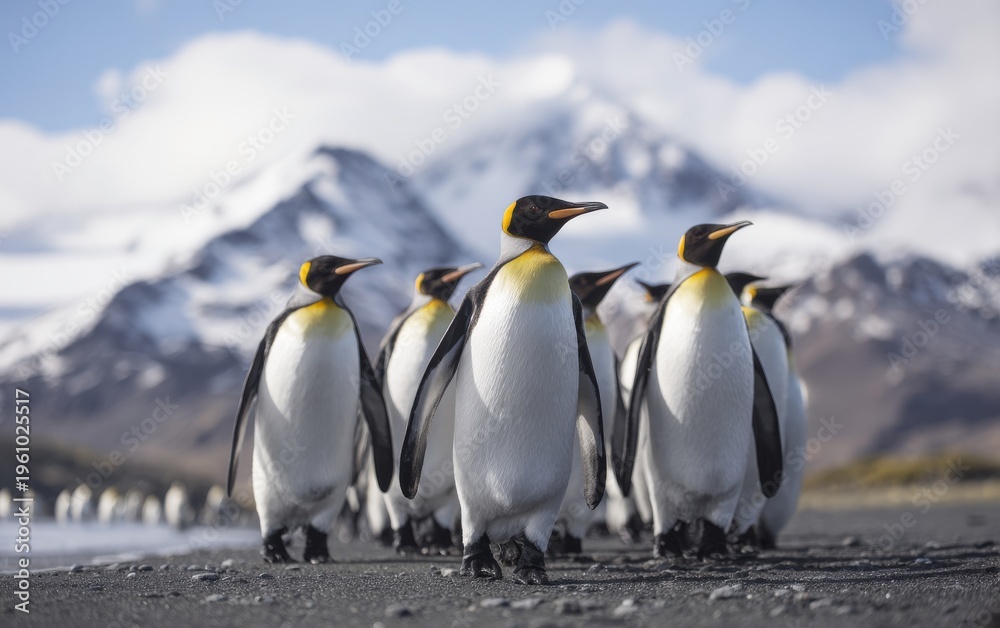 Fototapeta premium Majestic king penguins marching along coastal path with snowy mountains backdrop