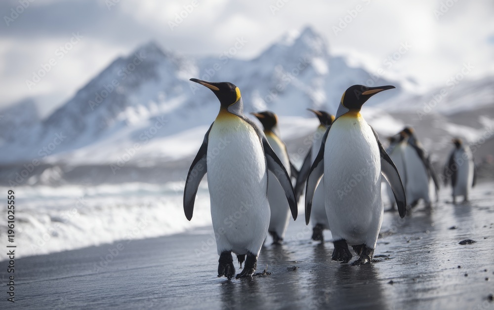 Obraz premium Emperor penguins marching gracefully along icy coastal shore with snow-capped peaks