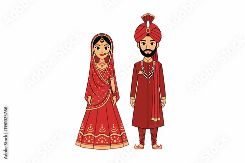 Indian Bride and Groom in Traditional Wedding Dress Illustration