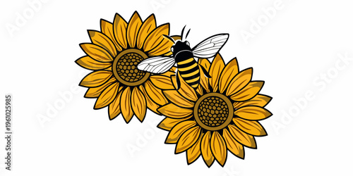 A bee gathers pollen from two vibrant yellow sunflowers in a design