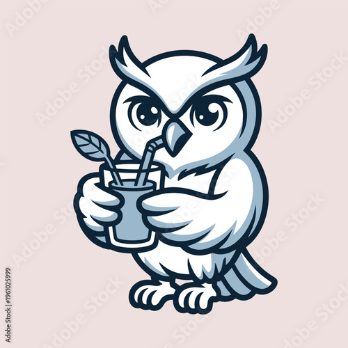 Cute owl holding mojito cocktail cartoon vector illustration. Perfect for cafe branding party themes kids products stickers and playful animal character design.