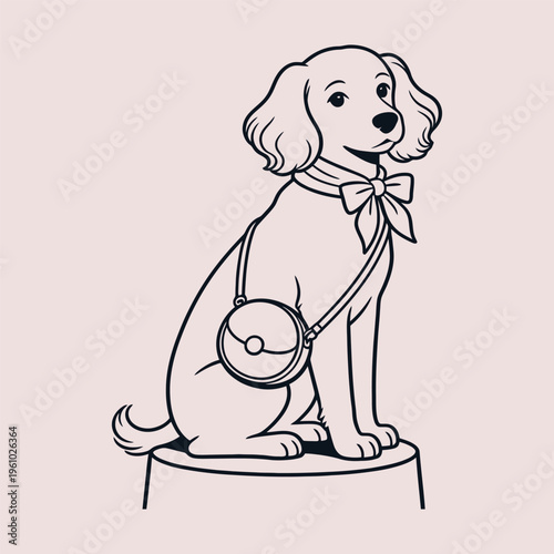 Cute poodle dog with handbag fashion pet line art vector illustration. Perfect for pet fashion branding cute merchandise stickers t shirts and luxury animal themed designs.