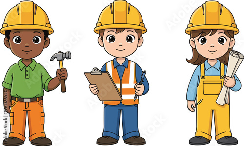 Set of cute diverse children construction worker characters wearing yellow hard hats holding hammer and blueprints isolated on white background for educational design.