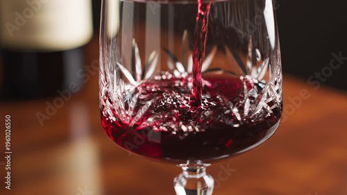 Red wine being poured into a crystal glass with elegant swirling motion
