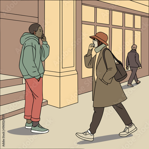 Two men talking on cell phones on a sidewalk