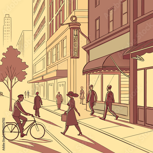 People walking and riding a bicycle on a city street