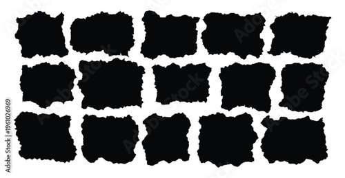 Set of black torn paper silhouettes with ragged edges isolated on white background