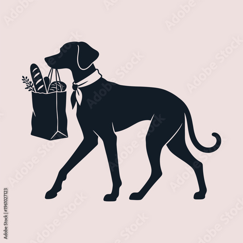 Dog carrying grocery shopping bag silhouette vector illustration. Perfect for shopping themes pet branding retail graphics funny merchandise and modern animal design projects.