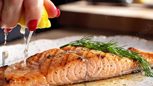 Hand squeezing a fresh lemon over grilled salmon with juice droplets spraying