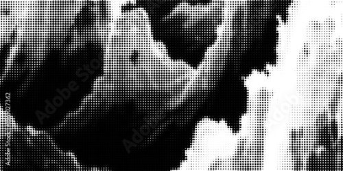Grunge halftone gradient background. Faded grit noise texture. White and black sandy wallpaper. Retro pixelated backdrop. Anime or manga style comic overlay