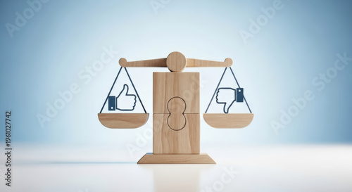 Balance of Opinion Wooden Scale Showing Positive and Negative Feedback Likes Thumbs Up Down Evaluation Assessment Agreement Disagreement Contrast