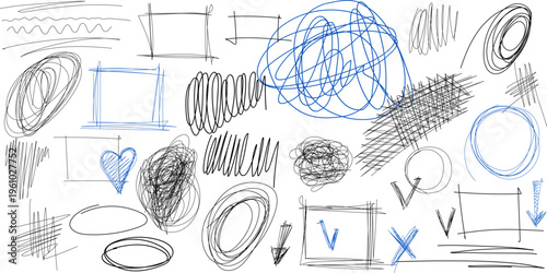 Hand-drawn pencil scratch marks and messy pen scribbles form abstract doodle textures with ink strokes, circles, pencil lines for design projects, backgrounds. Chaotic doodles create abstract textures