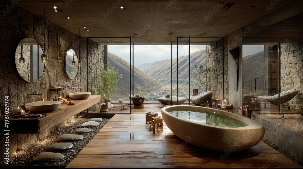 Fototapeta premium Geothermal hot springs resort, spa, bath pool, relaxation vacation theme. A luxurious bathroom with a large tub filled with water, two sinks with taps, mirrors on the wall, candles.