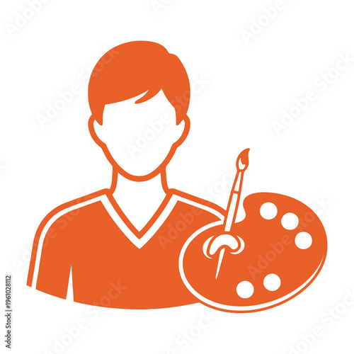 Artist holding painter's palette and brush creative person illustration simple orange design on white background