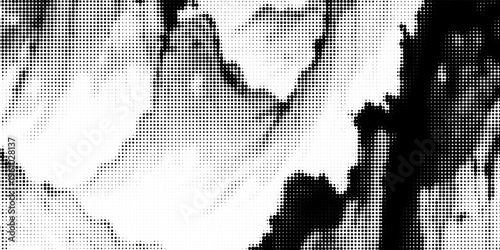 Grunge halftone gradient background. Faded grit noise texture. White and black sandy wallpaper. Retro pixelated backdrop. Anime or manga style comic overlay