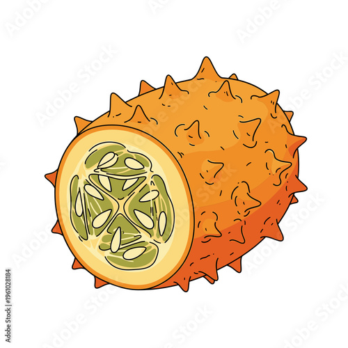 Spiky orange kiwano melon illustration showing whole fruit shell and internal green pulp seeds. Isolated transparent background ( include cut-out PNG file ).