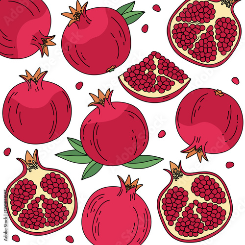Red pomegranates including whole fruits and cross sections with bright seeds. Isolated transparent background ( include cut-out PNG file ).