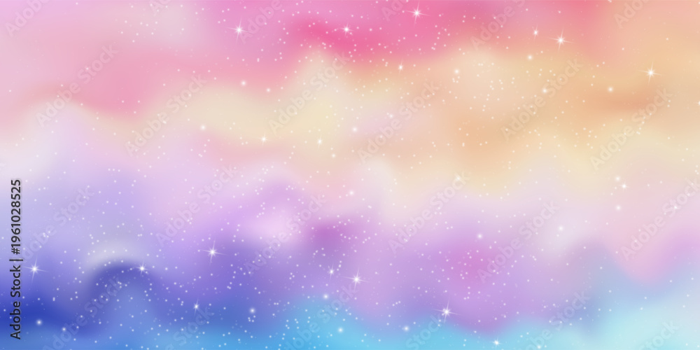 Obraz premium Unicorn magical bokeh background with pastel rainbow gradient and sparkling stars for fantasy design. Soft pink, purple and blue colors with glowing light effects. Dreamy fairy tale atmosphere.