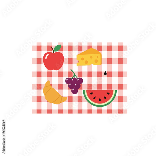 Fresh Picnic Food Items on Red Gingham Blanket: Apple, Grapes, Cheese, Croissant, Watermelon