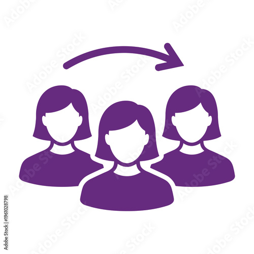 Three women icons transferring or sharing information in purple