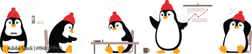 Cute penguin daily routine set flat vector illustration cartoon bird character working studying celebrating and relaxing lifestyle scenes collection