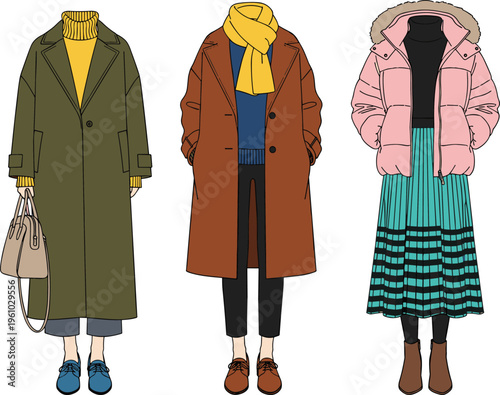 Collection of winter fashion clothes for women, warm coats and puffer jacket, isolated on white background, cad drawing flat vector illustration.