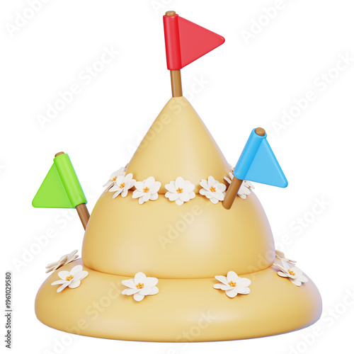 Songkran festival sand pagoda with colorful flags and flowers 3D icon isolated for Thai traditions