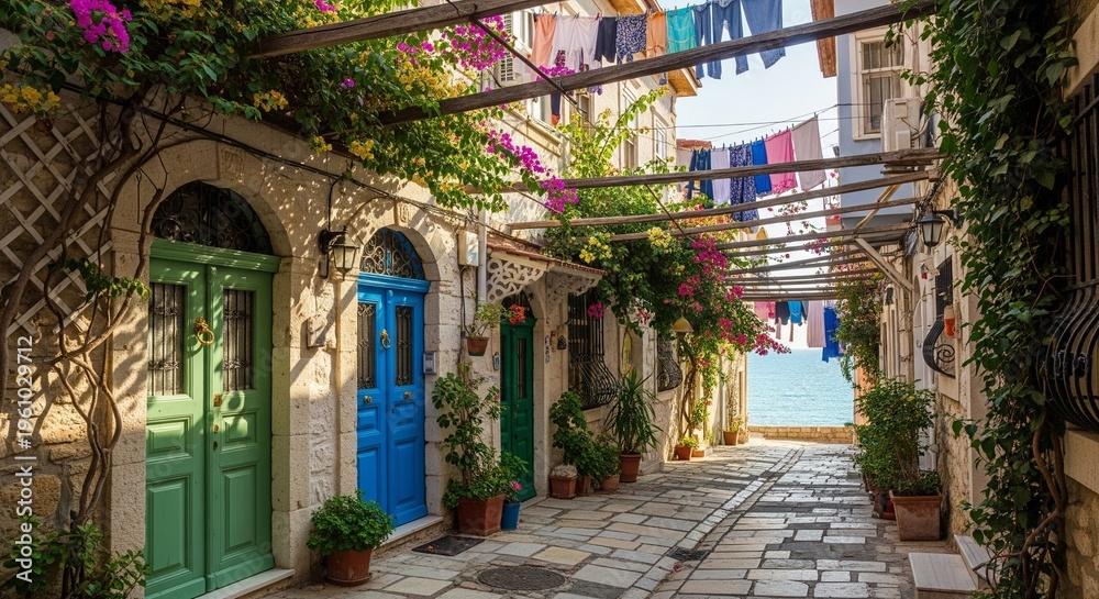 Fototapeta premium A beautiful narrow street decorated with a wooden pergola, lush green vines, and pink flowers. Colorful green and blue doors lead to a view of the ocean at the end of the path.