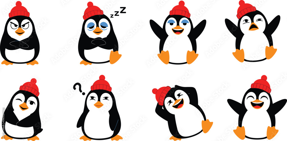 Obraz premium Cute penguin emotions set flat vector illustration cartoon bird characters showing happy sad sleepy confused and playful expressions collection