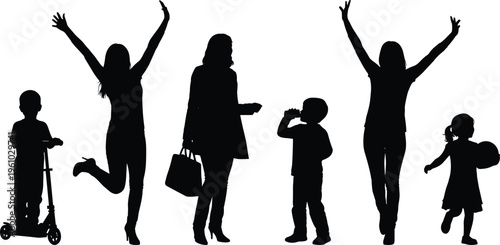 Black silhouettes of happy people, children playing with scooter, shopping woman, and joyful girls celebrating success on isolated white background.