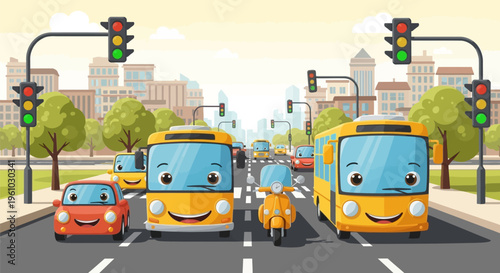 Smiling vehicles and bus driving down city street with traffic lights and trees