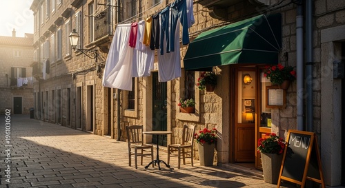 A charming street scene featuring a small bistro with a green awning and outdoor seating, with colorful laundry drying on a line overhead during the golden hour.
