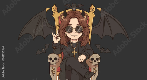 Gothic rock star cartoon character on skull throne, heavy metal musician vector illustration with bat wings, dark fantasy prince of darkness