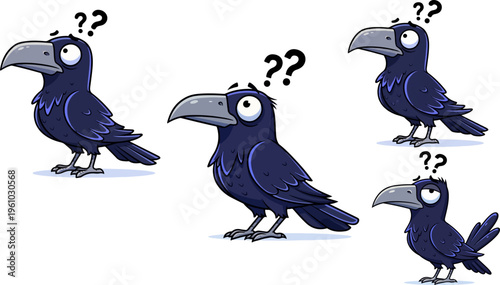 Cartoon crow character set with confused expressions, funny black raven vector illustrations, curious bird mascot with question marks