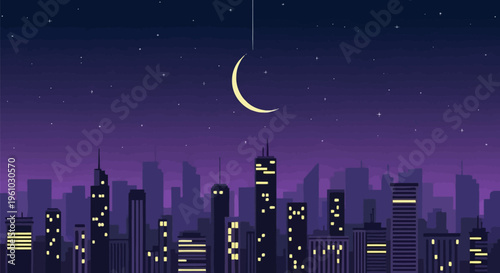 Cityscape at night with crescent moon and purple sky urban landscape with skyscrapers and stars nighttime scene