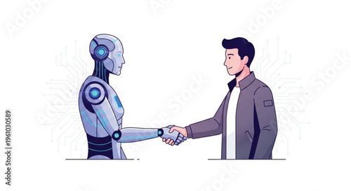 Human and robot handshake illustration depicting collaboration, partnership, and trust between artificial intelligence and humanity in flat cartoon style on white background. Modern AI concept.