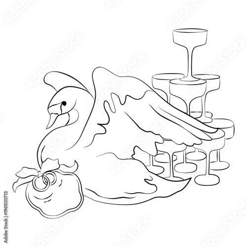 Hand-drawn wedding decor elements such as champagne tower and swan, wedding rings, ready to use composition for cards, invitation