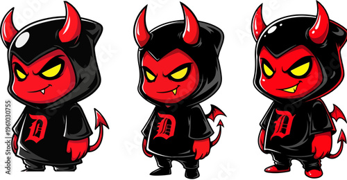 Cartoon devil mascot characters with red horns, set of 3 evil demon vector illustrations wearing black hoodies, cute satanic imp figures for gaming logos
