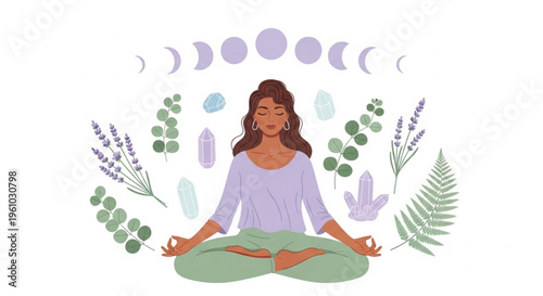 Beautiful woman meditating in lotus pose surrounded by moon phases, crystals, lavender, eucalyptus, and fern leaves in soft pastel colors. Spiritual wellness and mindfulness concept illustration.
