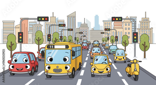 Cartoon vehicles driving on a city street with traffic lights and buildings in the background urban scene with smiling cars and bus