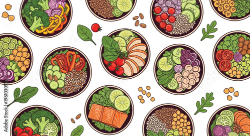 Seamless pattern of colorful healthy food bowls viewed from top including poke bowls, buddha bowls, and salad bowls filled with fresh salmon, vegetables, greens, grains, and seeds on white background.