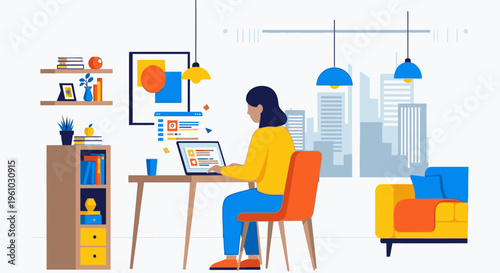 Illustration of a woman working on a laptop in a colorful home office with cityscape view and modern furniture.