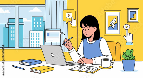 Illustration of a woman working on a laptop at a desk with office supplies and a city view outside the window in a bright and modern workspace.